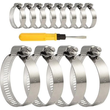 Juego de 12 abrazaderas ajustables de acero inoxidable para mangueras de gas doméstico (27–51 mm) con destornillador. Destornillador no incluido. (1/5)
