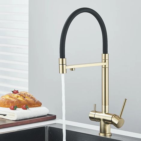 (Or brossé) Robinet de cuisine avec filtre, pivotant à 360°, pour 3 modes de distribution d'eau pure, mitigeur extractible avec double poignée. (1/5)