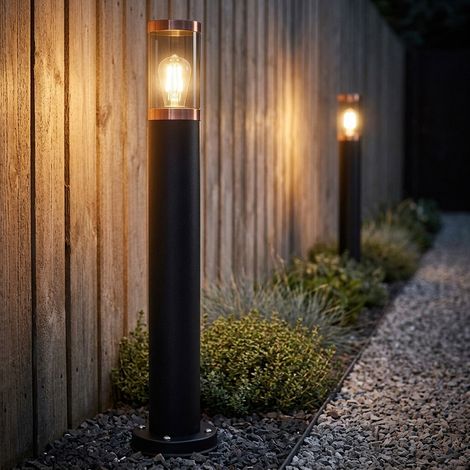 Stehlampe Garten Außenleuchte Aussenlampe Stehleuchte Wegeleuchten Edelstahl, Kupferakzent schwarz rauch, 1x E27, DxH 7,6x80 cm, 2er Set