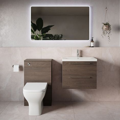 Napoli 390 Brown Oak 1100mm Wall Mounted 2 Drawer Vanity Unit and Toilet Suite with Glide Basin - 1100mm - Chrome 320mm HandleWith Kingston Toilet Pan and Seat