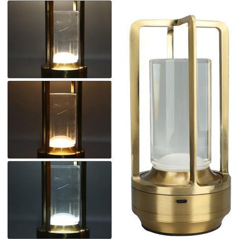 Lampe de table LED portable, rechargeable, 3 couleurs, variateur d'intensité, tactile, pour chambre, salon, bar (dorée) (1/4)