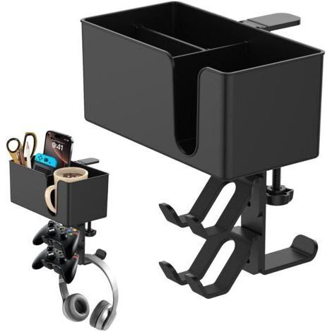NALOOKAMIC 5 en 1 Porte Gobelet Bureau avec Support Casque Gamer, Porte Gobelet de Bureau Détachable, Crochet pour Casque sous Burea, Porte Tasse avec Crochet Porte Casque 360° pour Maison Bureau