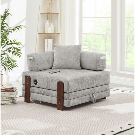 Canapé convertible 2-en-1 avec ports USB et Type-C, rangement et coussin, en tissu gris clair (1/5)