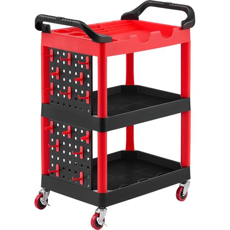 Mophorn Carro de servicio con capacidad de 136 kg, estantes de 3 niveles, ruedas con bloqueo, bandeja y panel perforado. Ideal para patio, oficina, taller, almacén y garaje. (1/5)