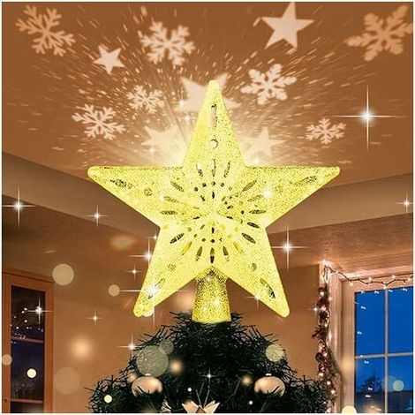 Stella dell'albero di Natale illuminata, Stella dell'albero di Natale con lampada per proiettore a fiocco di neve a LED rotante, Stella di Natale dorata 3D per decorazioni natalizie per interni ed est (1/5)