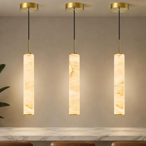 Lot de 3 Suspensions en Pierre Naturelle, 50 cm 25 W, Luminaires Cylindriques Modernes en Métal, Hauteur Réglable, Lumière Chaude, Cuivre (1/5)