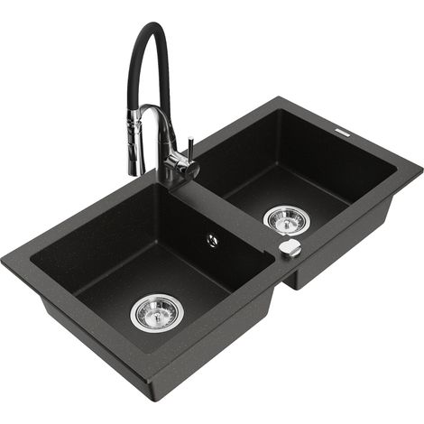 Mexen Mario lavello in granito a 2 vasche con rubinetto da cucina Aster, nero/oro metallico - 6504-75-73450-07 (1/5)