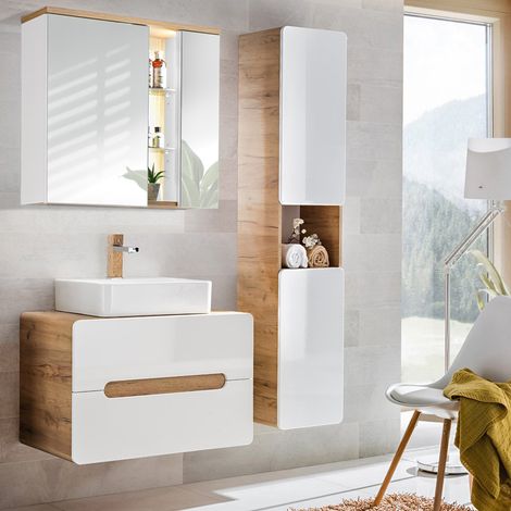 Badmöbel Komplettset mit Keramik-Waschtisch LUTON-56 Hochglanz weiß, Wotan Eiche Nb. B/H/T ca. 130/195/46 cm (1/5)