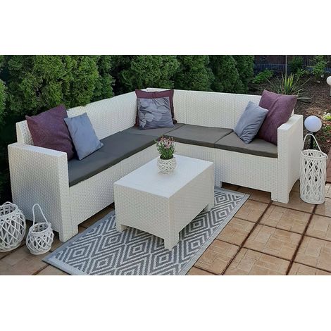 Dmora - Conjunto de salón exterior Dcorre, Conjunto de jardín con cojines, Conjunto de salón interior efecto ratán, 100% Made in Italy, Blanco (1/5)