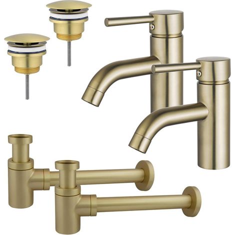 FugaFlow Eccelente Sobrado Kit robinet lavabo - pour double vasque - robinet bas - bonde non-obturable - siphon design bas - Laiton brossé PVD (1/4)