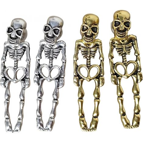 Lot de 2 paires de boucles d'oreilles tête de mort d'Halloween avec découpe en forme de cœur - Bijoux punk gothiques en alliage plaqué or pour femmes et hommes, légers (5 g), longueur 4 cm, hypoallerg (1/5)
