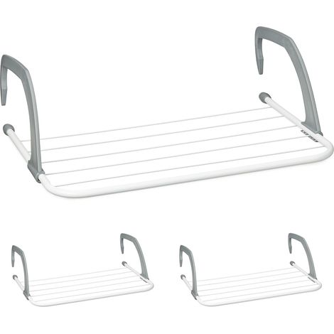 Relaxdays Wäscheständer Heizung, 3er Set, 3 m Trockenlänge, zum Einhängen, Balkon & Heizkörper, Wäschehalter, weiß/grau