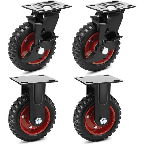 Roulettes Industrielles Charge Lourde 150mm - Set de 4 Roulettes Pivotantes Freinées et Fixes, Roues en Caoutchouc Plein Antidérapant 800kg pour Chariot Industriel Lourd et Machine (1/5)