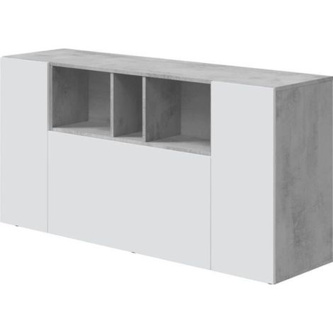 Buffet LOIRA - Mélaminé - Blanc artik et ciment - 3 portes + 3 niches de rangement - L 150 x P 41 x H 76 cm (1/5)