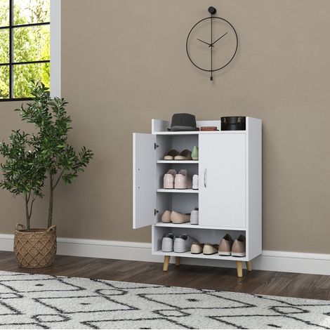 Zapatero de madera blanco 60 x 30 x 92 cm con puertas, 3 baldas interiores y fijación a pared (1/5)