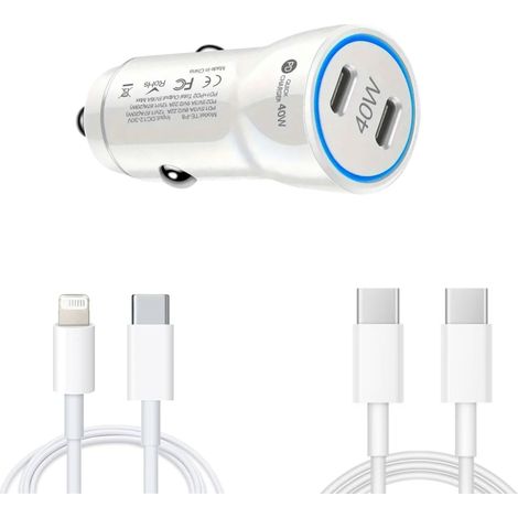 Chargeur de voiture rapide Quandes avec double port USB-C 40 W, câble USB-C 60 W de 2 m et câble USB-C vers Lightning 37 W de 2 m, compatible avec iPhone 15, 14, 13, 12 et 11 Pro Max. (1/5)