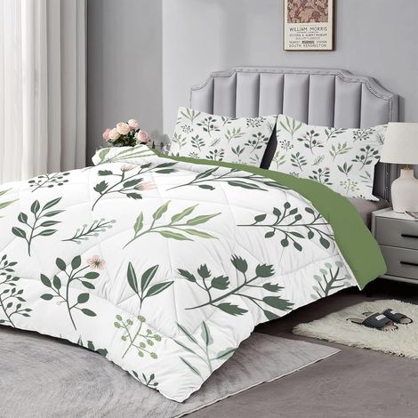 Couette Imprimée 220x240 cm Plante à Feuilles Réversible - Édredon Super Doux pour 4 Saisons - 2 Taies d'oreiller 65x65 cm - Vert (1/5)