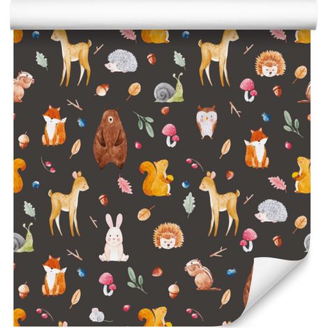 Papel pintado de animales del bosque en estilo acuarela para salón y dormitorio, 50x1000 cm. (1/5)