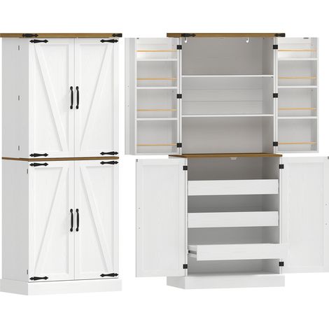 Buffet haut cuisine blanc 76x40x182cm, armoire 4 portes, 3 tiroirs, 8 porte-étagères réglables, rangement cuisine. (1/5)