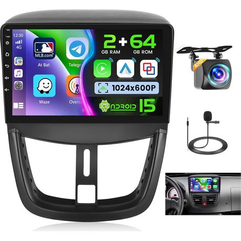 2G+64G Autoradio 15 pour 207 2009-2013, Carplay Android Auto sans Fil, 2 DIN Écran Tactile de 9" avec WiFi GPS Radio FM/RDS BT SWC+Caméra de Recul+MIC (1/5)