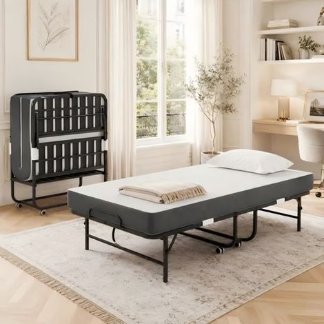 Lit pliant 1 personne avec matelas mémoire de forme 9,5 cm et roulettes 190 x 78 cm (1/5)