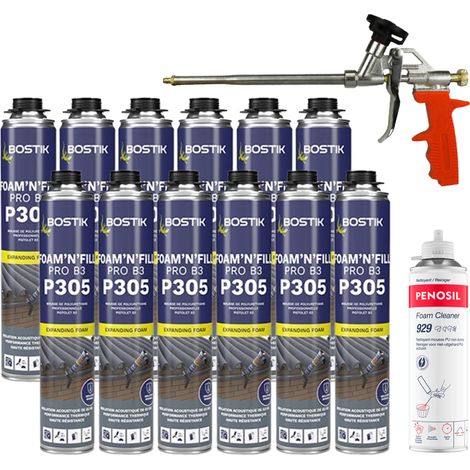 Pack de 12 mousses PU 750ml P305 Bostik + 1 pistolet + 1 nettoyant mousse PU