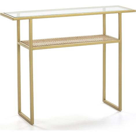 Console verre et rotin naturel pieds métal doré 100cm (1/3)