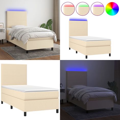 Sommier à lattes de lit et matelas et LED Crème 90x190 cm Tissu - Sommier Tapissier - Lit Plateforme - Lit Avec Led - Matelas À Ressorts Ensachés - Têtière Ajustable - Home & Living (1/5)