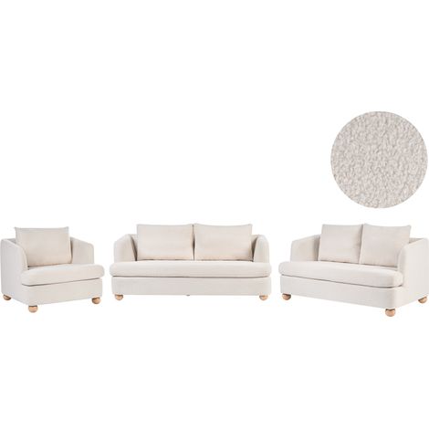 Conjunto de sala de estar de 6 plazas con tapizado de bouclé reposabrazos y patas redondas de madera salón blanco crema Rattvik