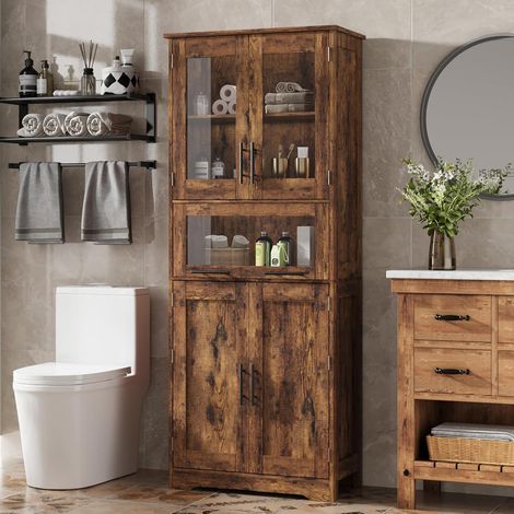 Küchenschrank 170cm Holz mit 2 Holz- & 2 Glastüren, 4 Fächer, Hochziehschublade (1/5)
