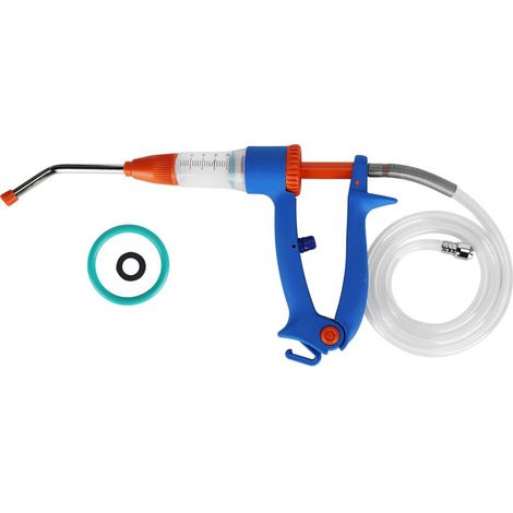 1 inyector de vacunas, dosificación ajustable de 20 ml, herramienta automática, plástico resistente, uso veterinario para cerdos, bovinos y ovinos. (1/5)
