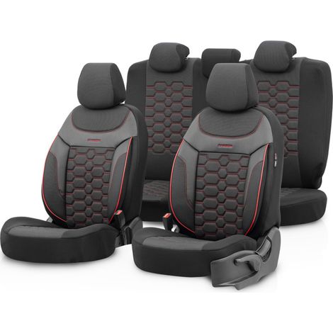 Komplettset: Luxus-Sitzbezüge OTOM, Textil mit Kunstleder im CARBON-Design – Schwarz mit roter Naht, für Vorder- und Rücksitze