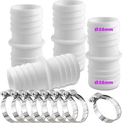 Adaptateur pour tuyau de piscine, vidange de machine à laver, raccord pour pulsateur, lot de 4, connecteur de tuyau de 38 mm avec 8 colliers de serrage, adaptateur double pour tuyau, blanc, 7,4 (1/5)
