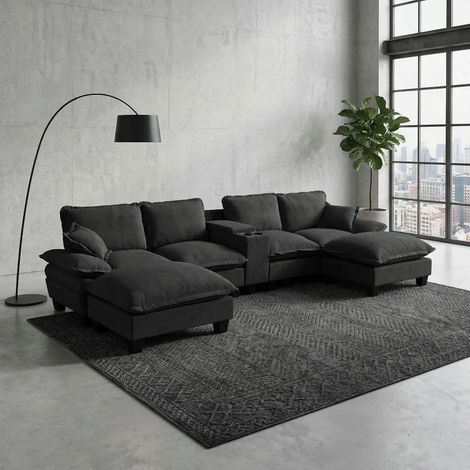 Modulare Cloud-Couch, U-förmiges Segelboot-Sofa mit Getränkehaltern & Stauraum, USB-Anschluss, 2 Ottomanen & 2 Kissen, Chenille-Bezug für Apartments & Wohnzimmer, Schwarz