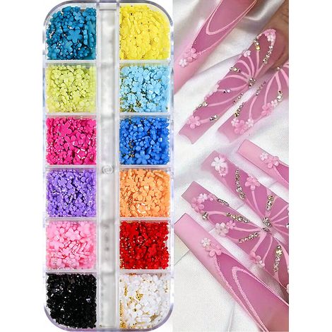 Boîte à 12 Compartiments de Décorations d'Art Ongulaires en Acrylique 3D, Fleurs, Perles Multicolores, Dorées et Argentées, Imitations de Perles, pour Femmes et Filles DIY (1/4)