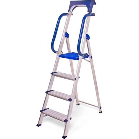 Escabeau 4 marches Secure pro, aluminium renforcé, sécurisé avec rampes, tablette porte-outils, hauteur plateforme 89cm, charge 150kg Hostrom (1/5)