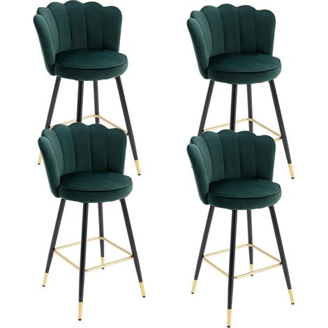 Wahson Lot de 4 Tabouret de Bar en Velours, Chaise de Bar Velours avec Pieds en Métal Tabourets Hauts pour îlot de Cuisine et Bar, Vert