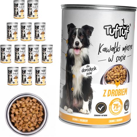 Cibo umido per cani TufTuf, lattina di pollo, 12 pezzi da 415 g in salsa. (1/3)