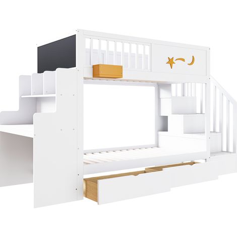 Litera infantil 90 x 200 cm de pino blanco con escritorio, cajones y escalera (1/5)