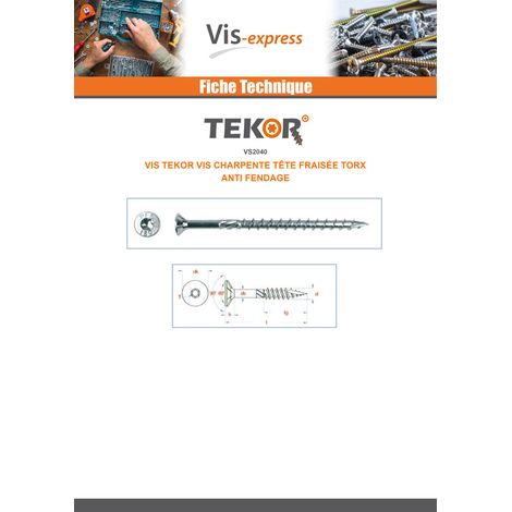 Vis charpente TEKOR Tête fraisée Cranté TORX T30 6X100 Filetée sur 60 Pointe antifendage type 17 Acier zingué - 1 pièce