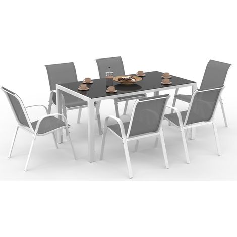 Set di mobili da giardino MADRID tavolo 150 CM e 6 sedie impilabili bianco e grigio