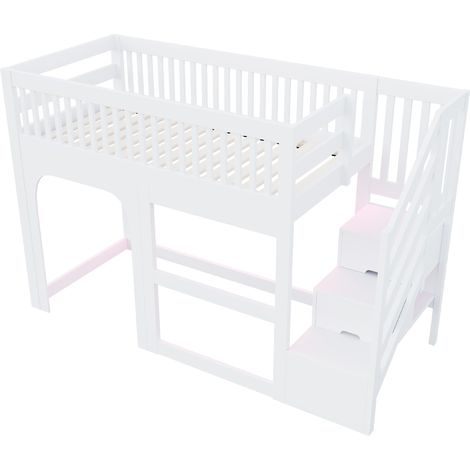 Cama alta infantil 90 x 200 cm con escalera, LED, barandillas y somier, blanca (1/5)