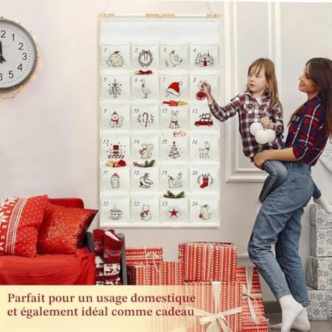 Calendrier de l'Avent 2026 vide, calendrier de Noël en tissu pour enfants, 130 x 70 cm, calendrier mural à suspendre avec 24 pochettes, sac en tissu réutilisable pour cadeaux et bonbons (rouge) (1/4)