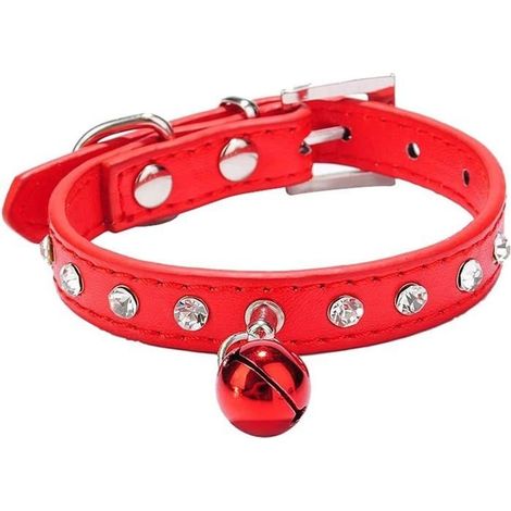 Collier de Chien en Cristal, avec Sécurité Réglable Boucle et Cloche, PU Cuir Chiot Chien Chat Colliers (Rouge)