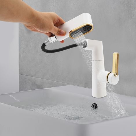 Robinet de salle de bain avec douchette extractible, robinet de lavabo à 3 jets, mitigeur monocommande pivotant à 360°, mitigeur de salle de bain en laiton, hauteur réglable (blanc) (1/5)