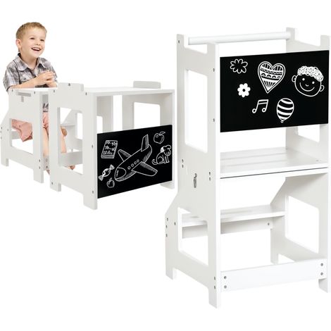 3-in-1 Lernturm für Kinder mit Tafel, rutschfesten Stangen und Stufen, sicher für Kinder von 3-6 Jahren, weißes Design.