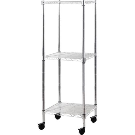 Scaffale in kit a 3/4 ripiani in metallo acciaio cromato con ruote girevoli - 3 ripiani 35x35xH90 cm