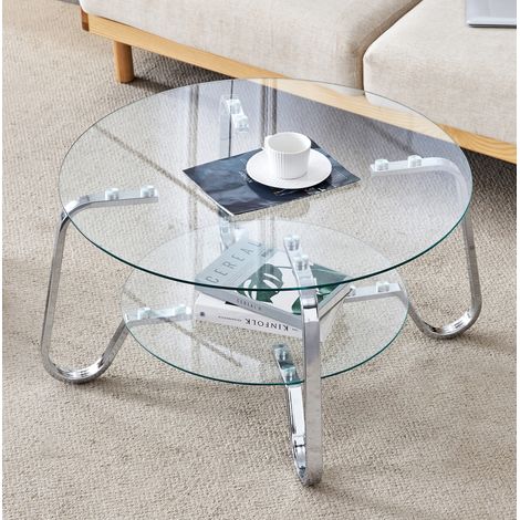 Table basse ronde 80 cm double niveau en verre trempé, structure métal argenté HAVRYA (1/5)