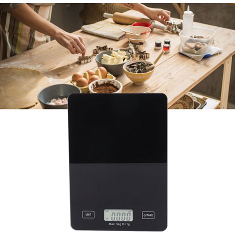 Schwarze Küchenwaage, 5 kg, Touchscreen, gehärtetes Glas, elektronisch, ideal zum Backen zu Hause. (1/5)