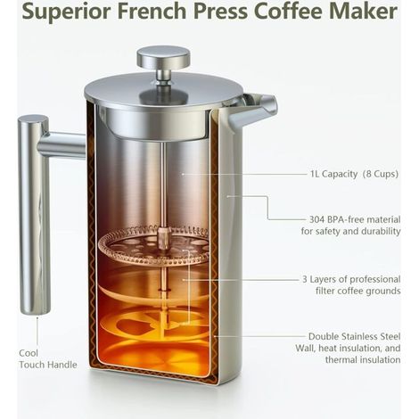 Cafetera de émbolo de acero inoxidable de 1 litro, con triple filtro, función para mantener caliente y émbolo de acero, doble pared aislante y acabado plateado. (1/3)